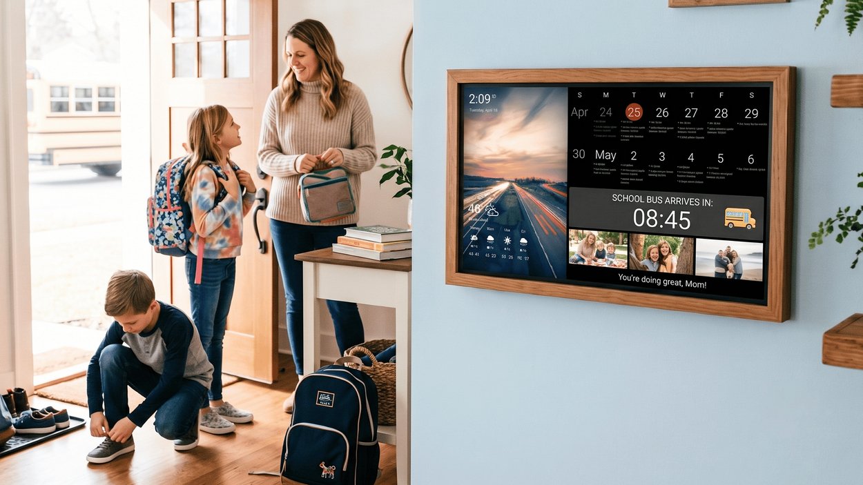 DAKboard Touchub interactive display can help families deal with school schedules, tasks and chores