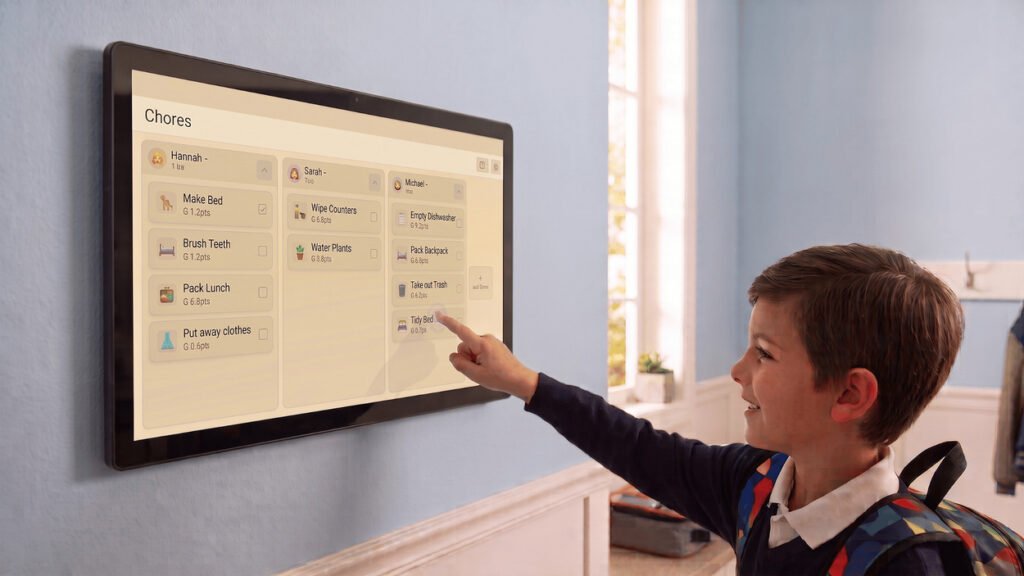 DAKboard Touchub interactive display can help families deal with school schedules, tasks and chores