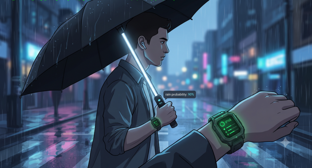 Smart rain tech like smart umbrellas and waterproof wearable tech 