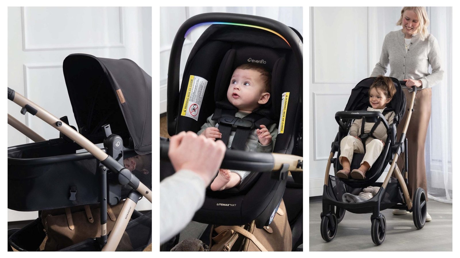 Evenflo Monarch Travel System integrates baby stroller, a carseat and SensorySoothe tech